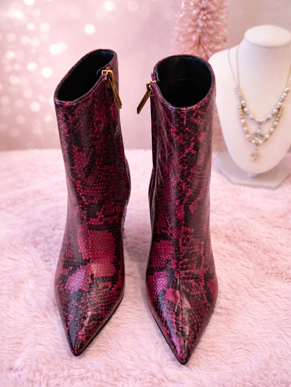 Guess Women's Pointed Snake-Print Ankle Boots in Burgundy and Black